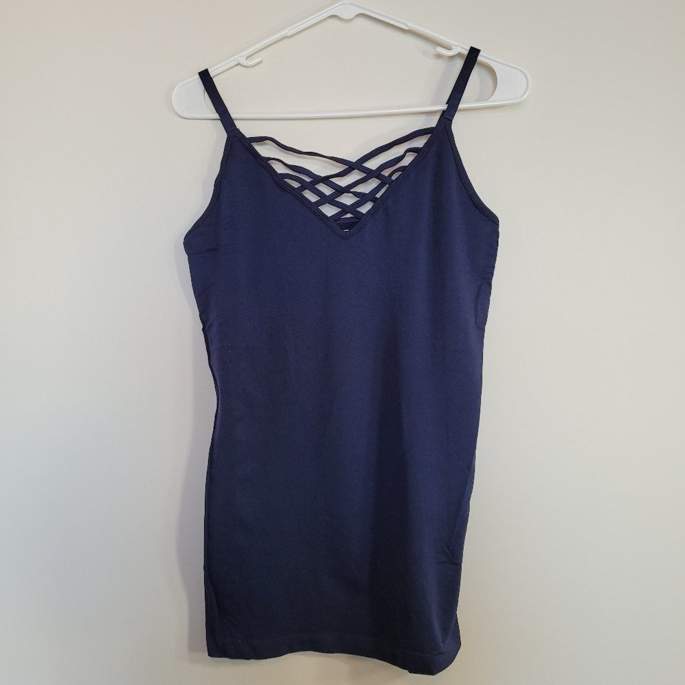 3/$20 Stretchy Navy Blue Criss Cross Tank